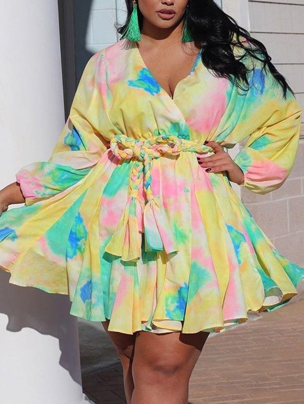 Tie Dye With Belt V Neck Dress