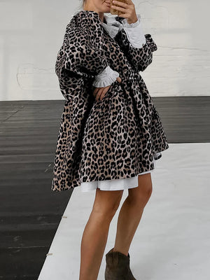 High Waist Lapel Puff Sleeve Leopard Mini Dress