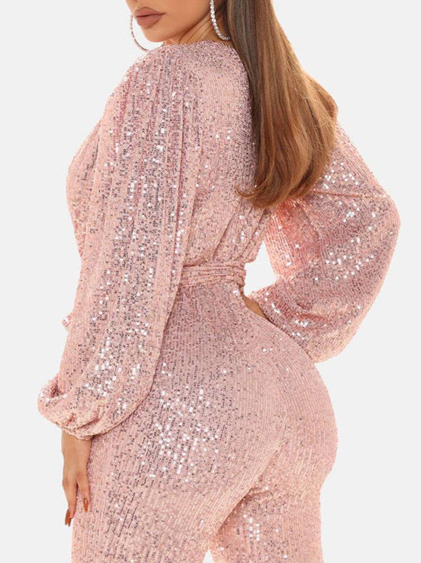 Sequin Long Sleeve V Neck Jumpsuit