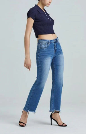 Low Waist Crop Flare Jeans Raw Edge