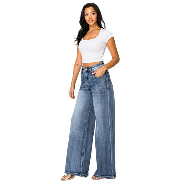 Women High Rise Stretch Straight Leg Baggy Jeans SH25F012