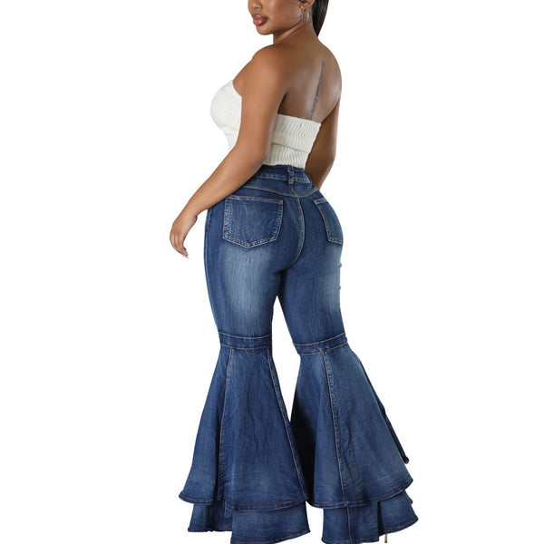 Denim High Waist Ruffle Flare Jeans