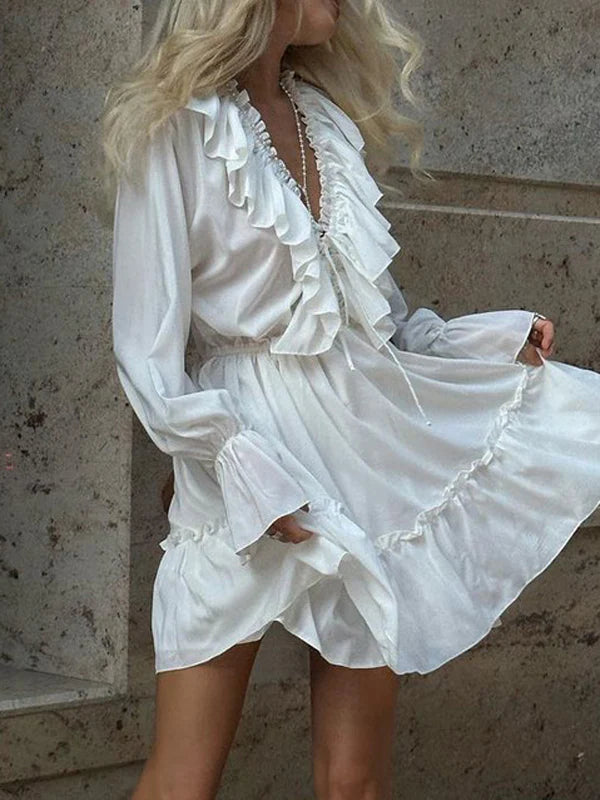 V-Neck Drawstring Flared Sleeve Ruffle White Dress Puffy Skirt