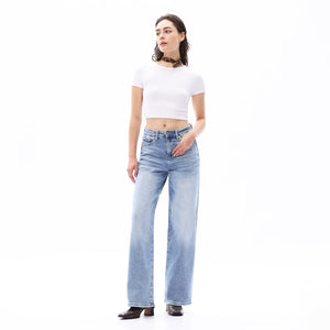 ONESO Women BBL High Rise Raw Hem Baggy Jeans High Stretchy Wide Leg Tummy Denim Pants