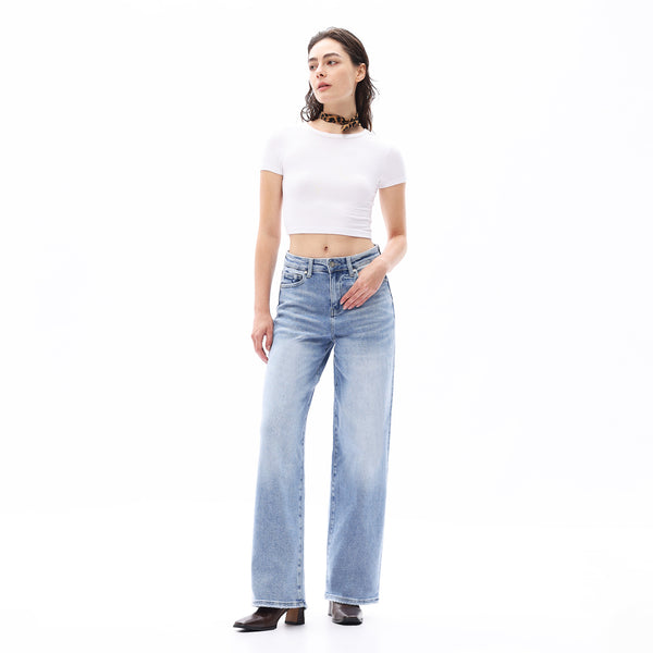 ONESO Women BBL High Rise Raw Hem Baggy Jeans High Stretchy Wide Leg Tummy Denim Pants