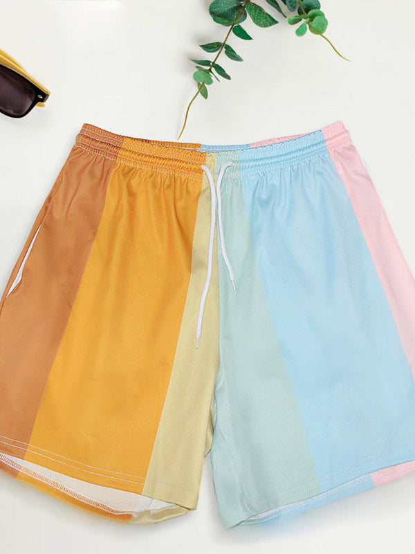 Printed Rainbow Elastic Drawstring Shorts