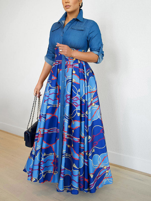 Denim Contrast Print Dress