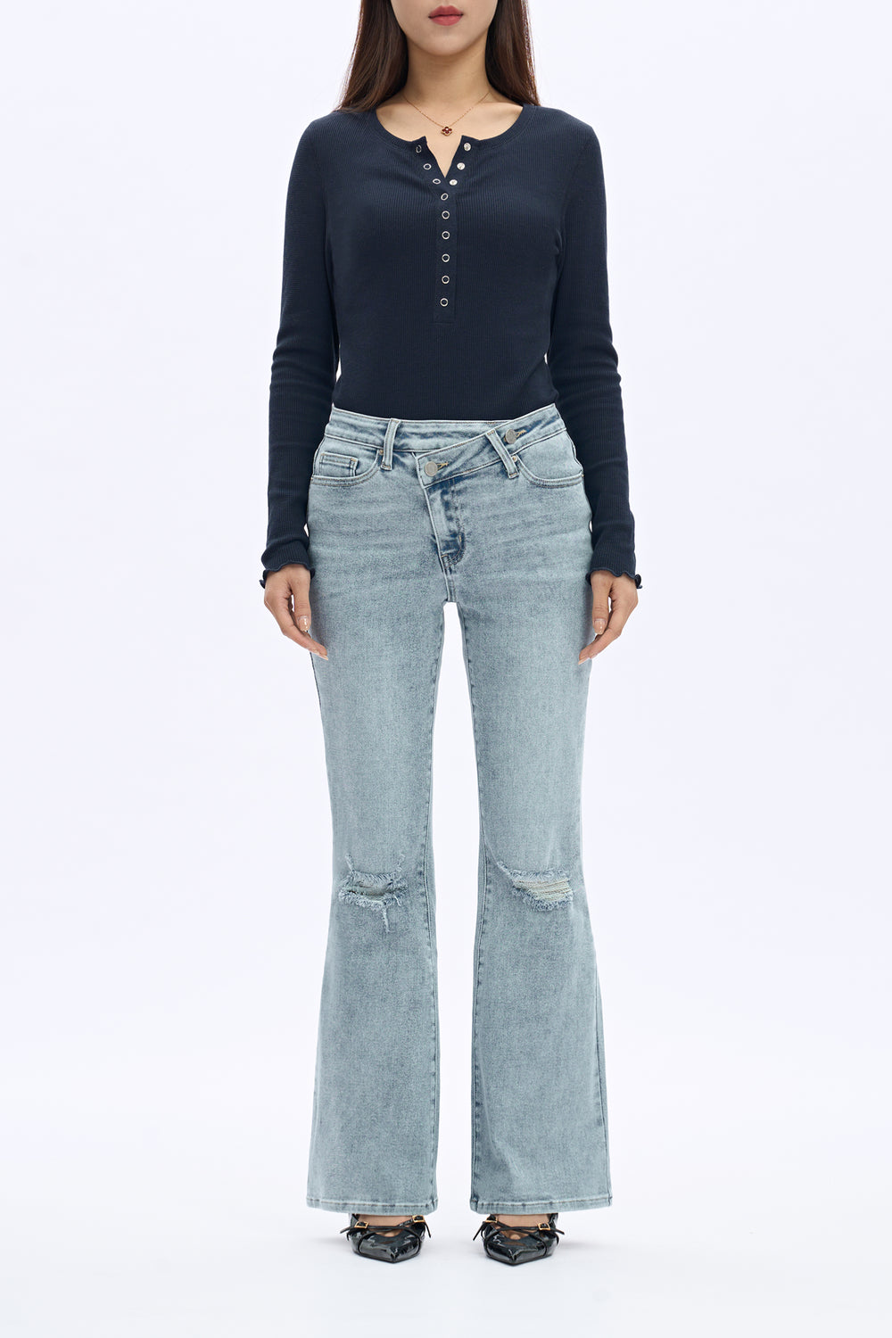SHAPUM Women High Rise Ripped Bootcut Flare Jeans