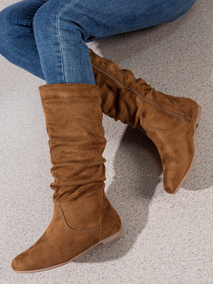 Mid-Calf Side Zipper Ruched Flat Boots