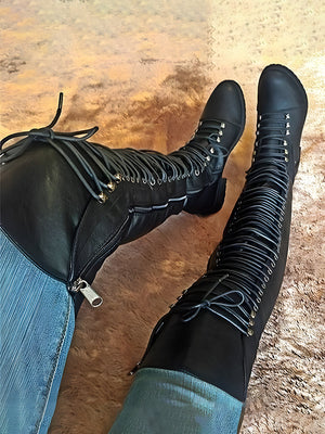 Lace Up Leather Over The Knee Boots