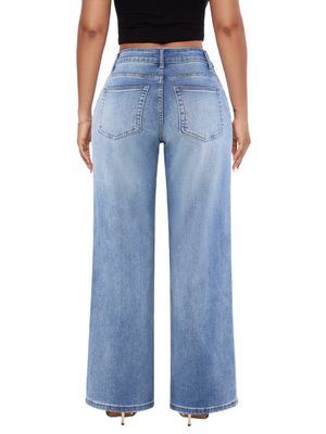 SHAPUM Women's Mid Rise Relaxed Fit Wide Leg Stretch Cuffed Jeans
