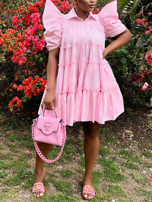 Puff Sleeve Ruffle Shirt Dress