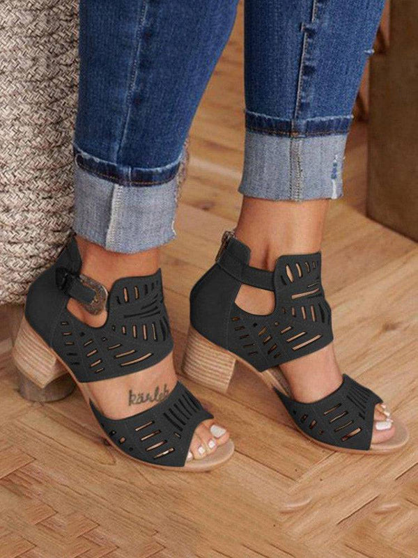 Hollow Out Chunky Heel Sandals