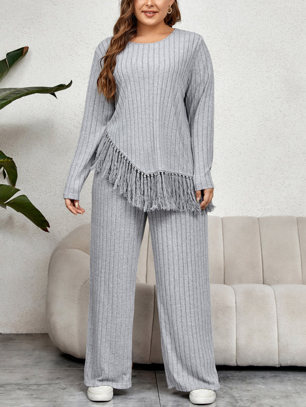 Fringed Long Sleeve Top Loose Wide Leg Pants Set