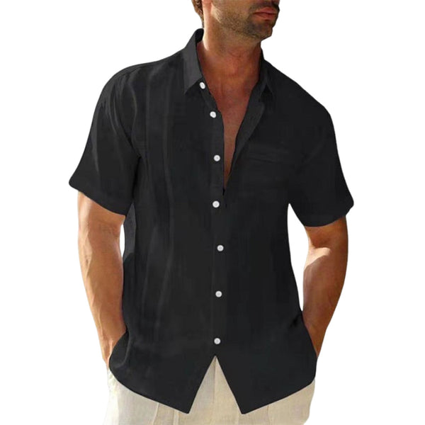 Men's summer lapel solid color cotton and linen cardigan casual short-sleeved shirt