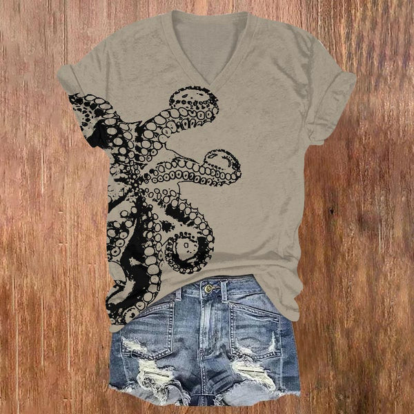 Octopus Asymmetric Print V-neck T-shirt