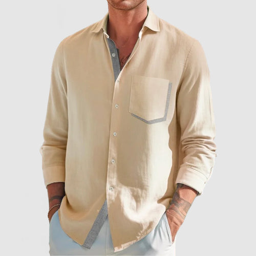 Men's Classic Color Block Patchwork Cotton Linen Shirt