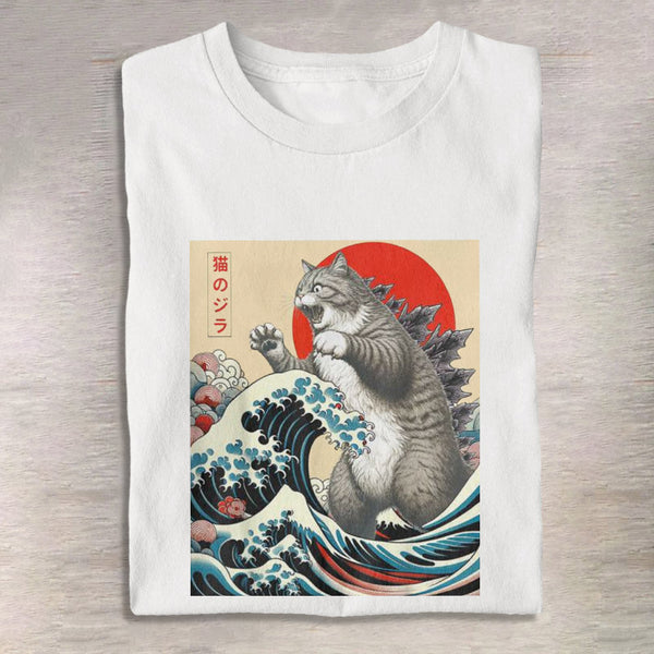 100% Cotton Funny Japanese Catzilla Print T-shirt