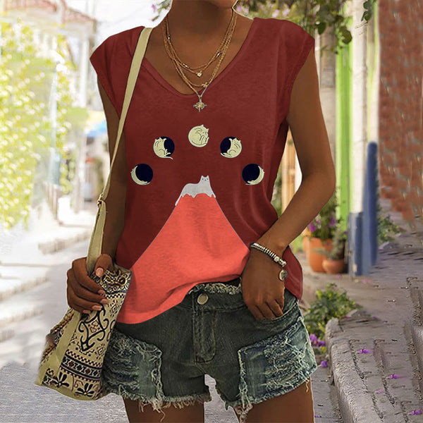 Abstract Creative Good Night Cat Painting Art Print V-neck Tank Top