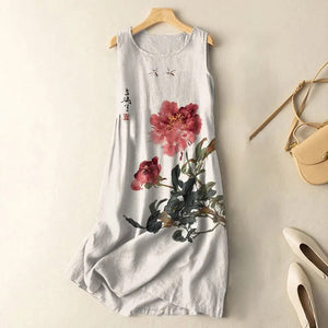 Vintage Japanese Ink Flower Calligraphy Art Print Sleeveless Midi Dress