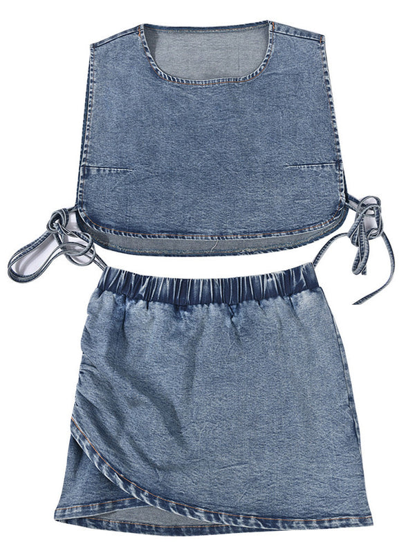 Lace-up Denim Vest  Skirt Set