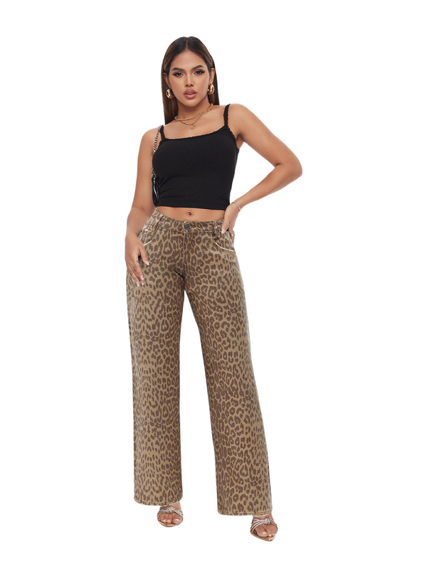 ONESO Women BBL Jeans Leopard Print Mid-Low Waist Relaxed Straight High Stretchy Pants