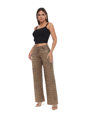 ONESO Women BBL Jeans Leopard Print Mid-Low Waist Relaxed Straight High Stretchy Pants