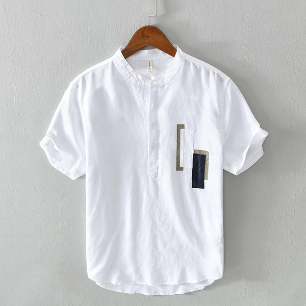 Men's stand-collar cotton and linen thin shirt