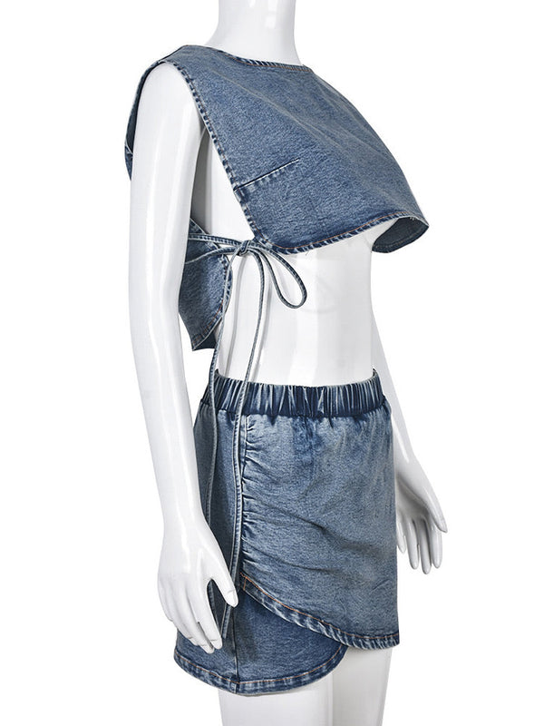 Lace-up Denim Vest  Skirt Set