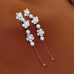 Retro Pearl Flower Long Tassel Earrings