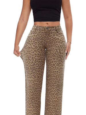 ONESO Women BBL Jeans Leopard Print Mid-Low Waist Relaxed Straight High Stretchy Pants