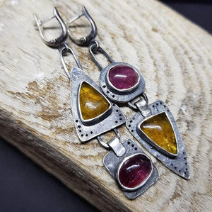 Triangle Metal Pendant Stone Earrings