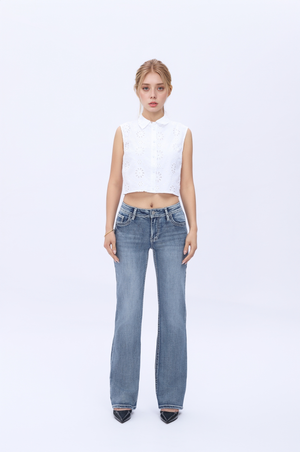 Crossella Western Straight Leg Jeans Mid Waist Stretchy Tummy Control Bootcut Denim with Cross Wings Embroidery Cowgirl Style Retro