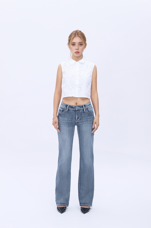 Crossella Western Straight Leg Jeans Mid Waist Stretchy Tummy Control Bootcut Denim with Cross Wings Embroidery Cowgirl Style Retro