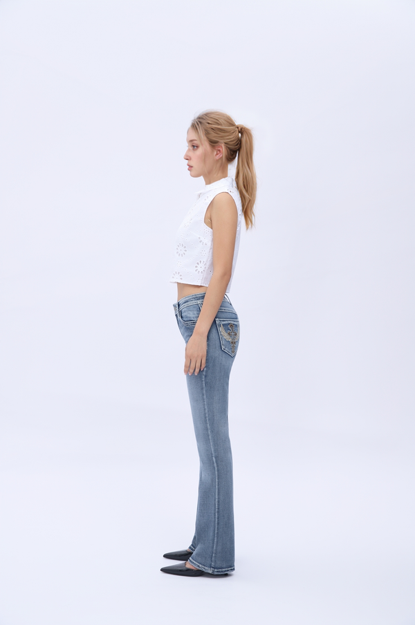Crossella Western Straight Leg Jeans Mid Waist Stretchy Tummy Control Bootcut Denim with Cross Wings Embroidery Cowgirl Style Retro