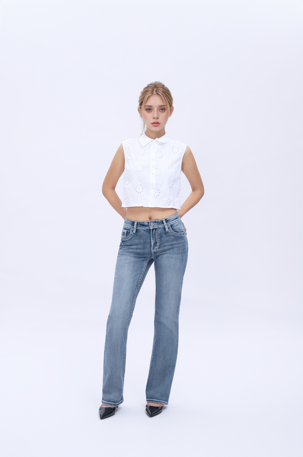 Crossella Western Straight Leg Jeans Mid Waist Stretchy Tummy Control Bootcut Denim with Cross Wings Embroidery Cowgirl Style Retro