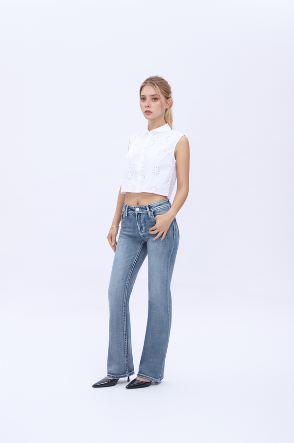 Crossella Western Straight Leg Jeans Mid Waist Stretchy Tummy Control Bootcut Denim with Cross Wings Embroidery Cowgirl Style Retro