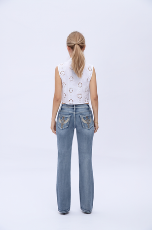 Crossella Western Straight Leg Jeans Mid Waist Stretchy Tummy Control Bootcut Denim with Cross Wings Embroidery Cowgirl Style Retro