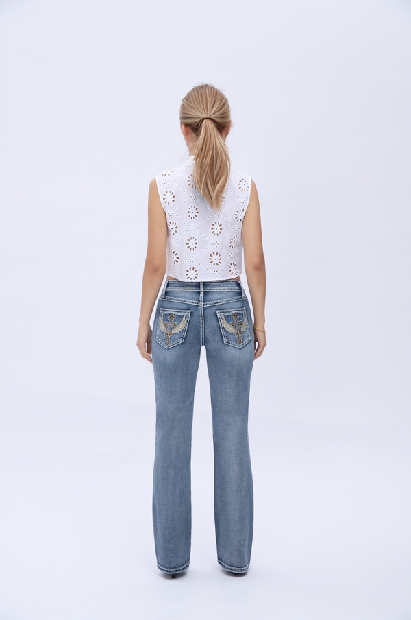 Crossella Western Straight Leg Jeans Mid Waist Stretchy Tummy Control Bootcut Denim with Cross Wings Embroidery Cowgirl Style Retro