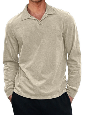 Men's Casual Retro Small V-neck Long-sleeved Polo Shirt