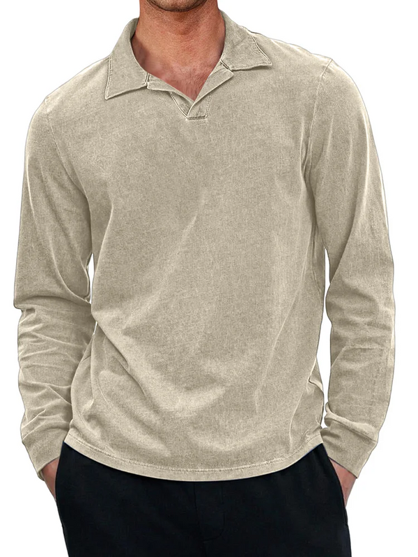 Men's Casual Retro Small V-neck Long-sleeved Polo Shirt