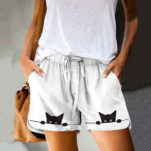 Casual Black Cat Print Drawstring Pocket Shorts