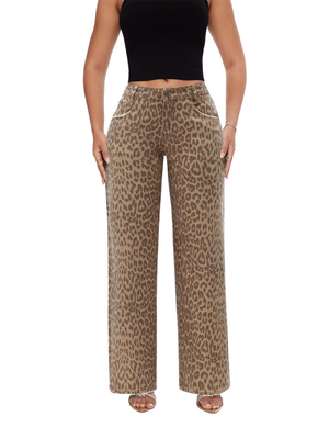 ONESO Women BBL Jeans Leopard Print Mid-Low Waist Relaxed Straight High Stretchy Pants