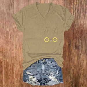 Cute Funny Cat Face Print V-neck T-shirt