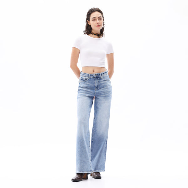 ONESO Women BBL High Rise Raw Hem Baggy Jeans High Stretchy Wide Leg Tummy Denim Pants