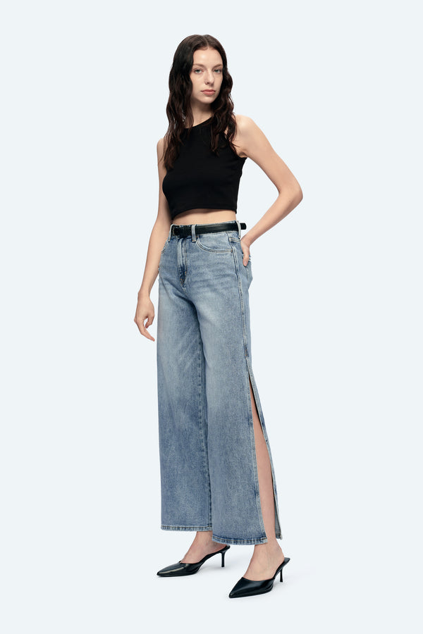 Women High Rise Stretch Wide Leg Side Slit Grinding Jeans BYW8037