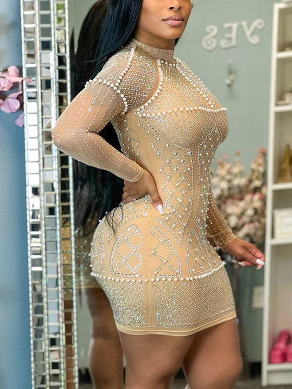 Rhinestone Beaded Mesh Dress