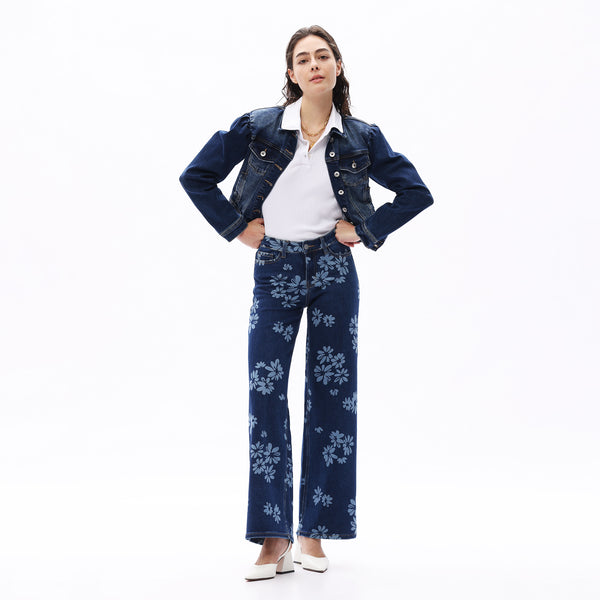 ONESO Women BBL Jeans Mid-Low Rise Wide Leg Stretch Baggy Printing Denim with Tummy Control Minimalist Basic Trouser