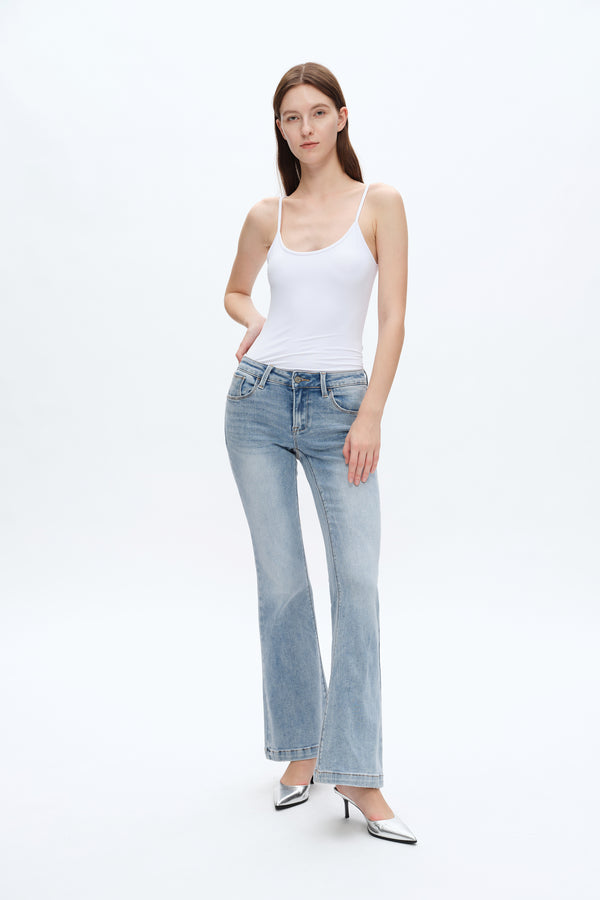 Women Mid Waisted Stretch Flare Jeans With Clean Hem BYF1023