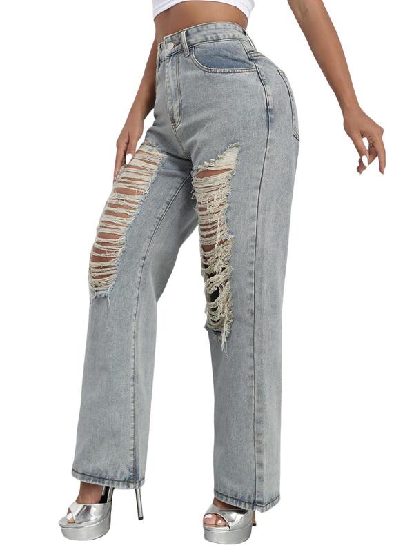 High Waisted Straight Leg Ripped Hole Baggy Denim Pants B241DE0013